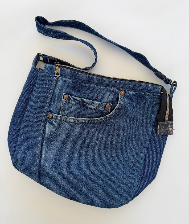 Eco Chic Upcycled Denim Jeans Pocket Crossbody Bag – Sustainable Handmade Purse - Mary Gorfine