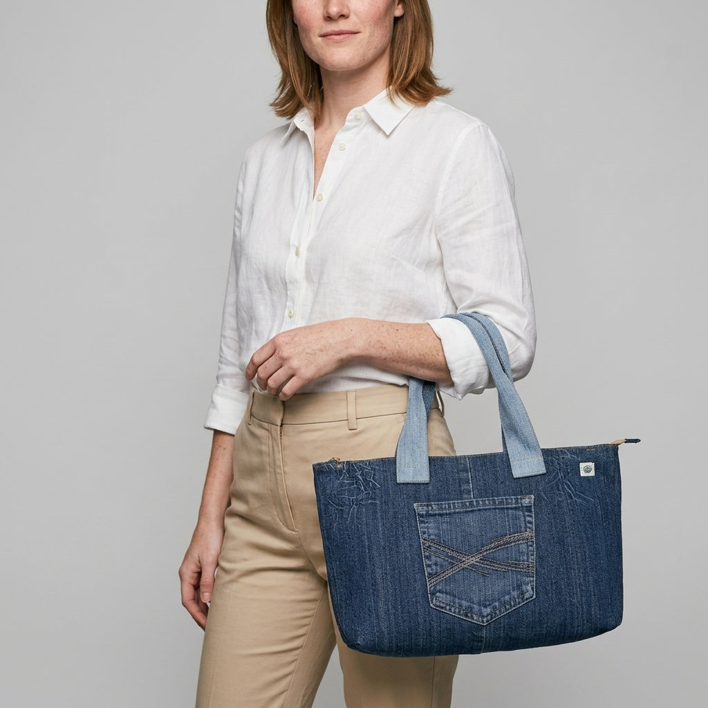 Denim tote bag — On Model - Accessories Focus | Generated by Modelize