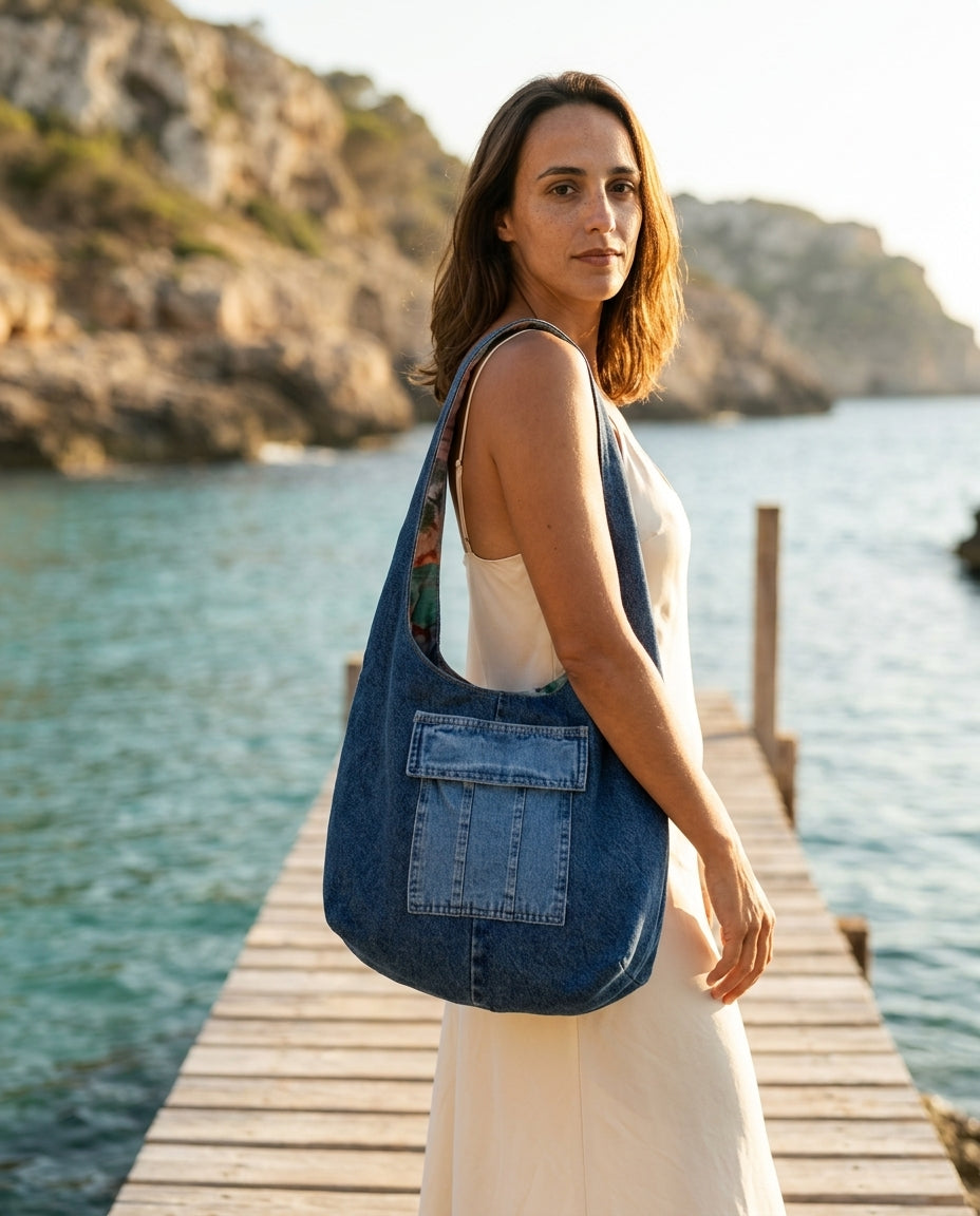 Large denim sling bag — On Model - Seaside Accessories | Generated by Modelize